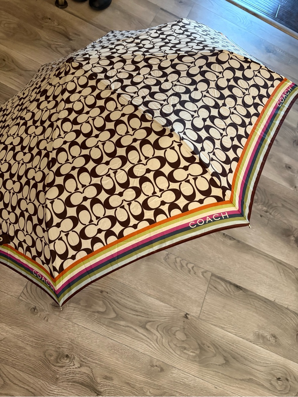Y2K Coach Cream and Brown Signature Monogram Umbrella with Rainbow Edge